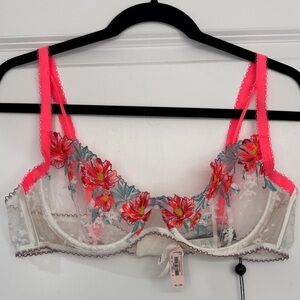 For Love And Lemons X VS Floral Embroidered Bra with Neon Pink Straps NWT